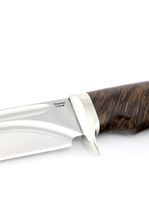 Нож Волк сталь кованая Х12МФ, долы, рукоять мельхиор, кап клена коричневый  Нож Волк сталь кованая Х12МФ, долы, рукоять мельхиор, кап клена коричневый