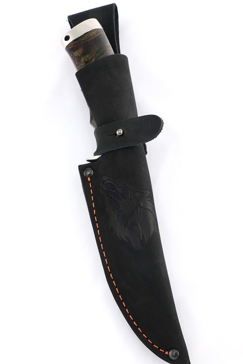 Нож Волк сталь кованая Х12МФ, долы, рукоять мельхиор, кап клена коричневый  Нож Волк сталь кованая Х12МФ, долы, рукоять мельхиор, кап клена коричневый