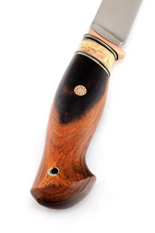 Нож Бекас сталь S390, рукоять мокуме-гане, железное дерево, зуб мамонта, мозайчный пины  Нож Бекас сталь S390, рукоять мокуме-гане, железное дерево, зуб мамонта, мозайчный пины