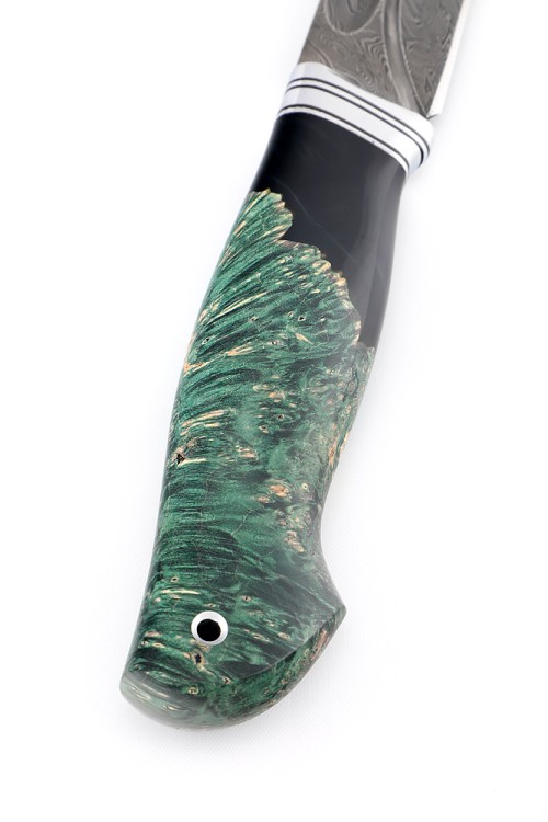 Нож Путник сталь дамаск-долы рукоять комбинированная акрил черный, кап клена зеленый 