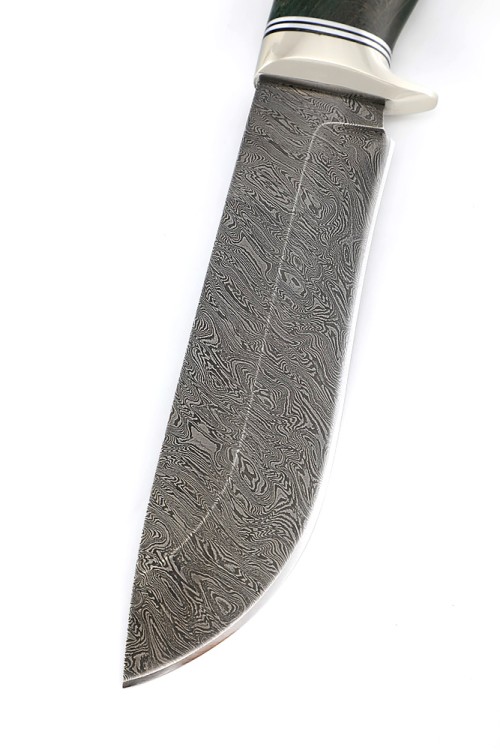 Нож Вятич сталь дамаск рукоять мельхиор, ясень стабилизированный зеленый 