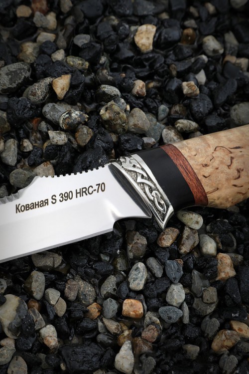 Нож Рыбак 2 S390 мельхиор черный граб карельская береза с крючком 