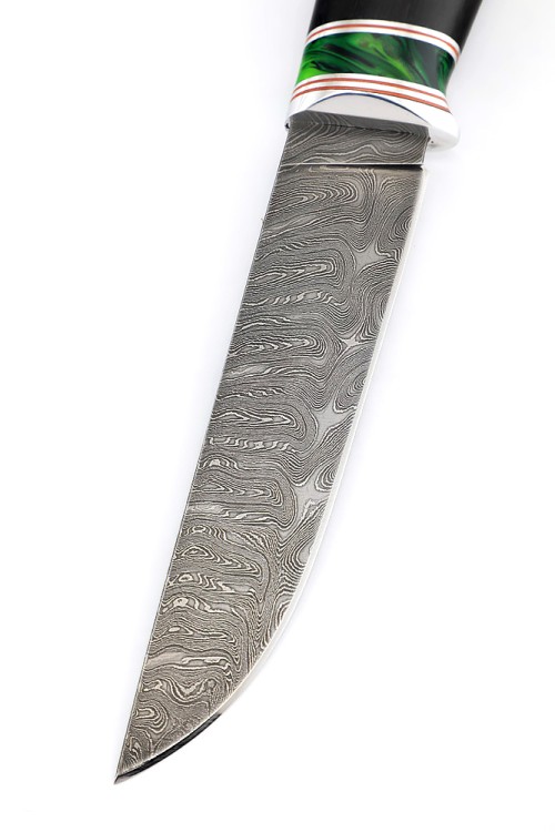 Нож Путник сталь дамаск рукоять вставка акрил зеленый черный граб 