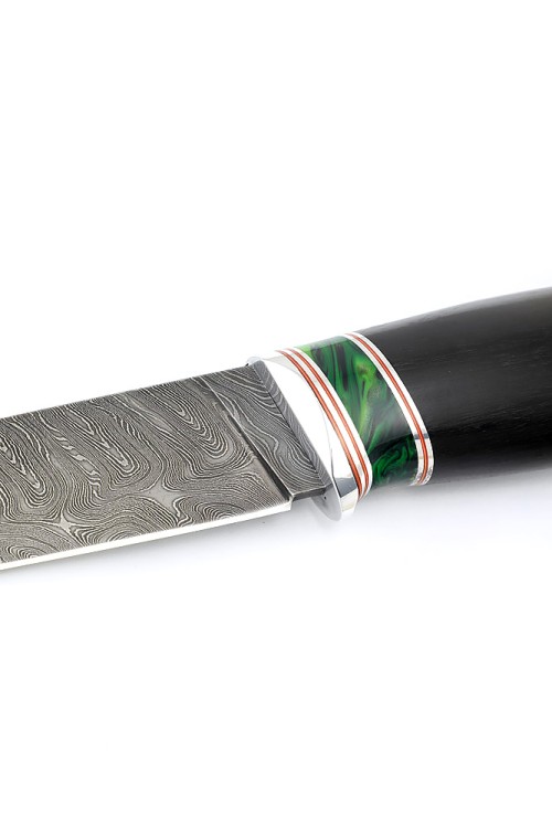 Нож Путник сталь дамаск рукоять вставка акрил зеленый черный граб 