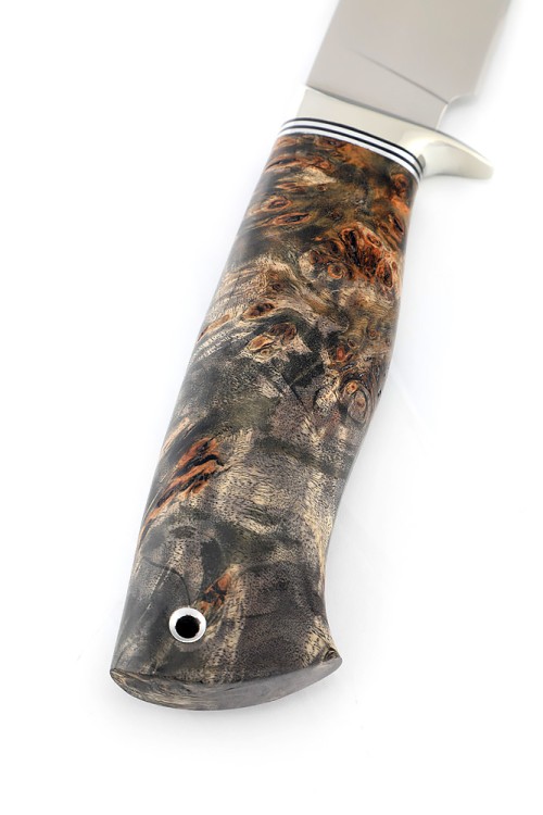 Нож Беркут сталь Elmax рукоять мельхиор, кап клена коричневый 