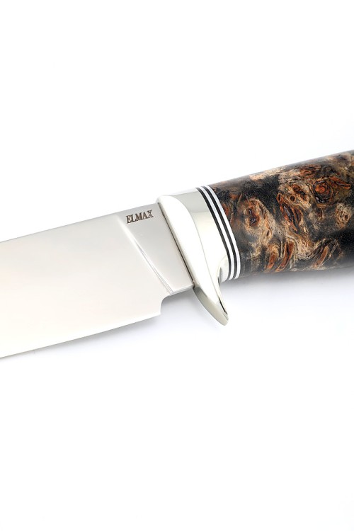 Нож Беркут сталь Elmax рукоять мельхиор, кап клена коричневый 
