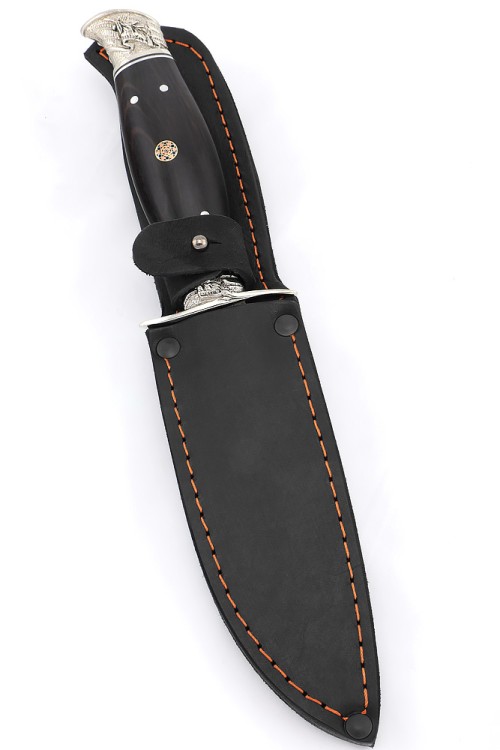 Нож финка НКВД сталь дамаск, рукоять мельхиор, черный граб, мозаичный пин 