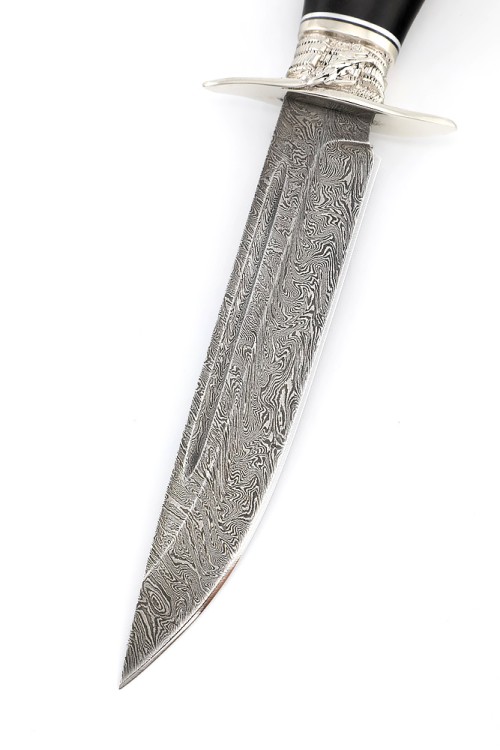 Нож финка НКВД сталь дамаск, рукоять мельхиор, черный граб, мозаичный пин 
