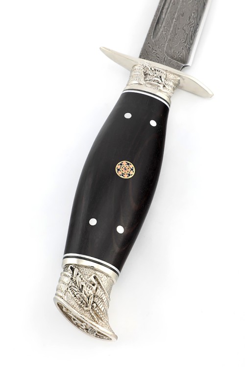 Нож финка НКВД сталь дамаск, рукоять мельхиор, черный граб, мозаичный пин 