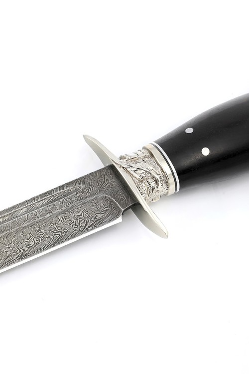 Нож финка НКВД сталь дамаск, рукоять мельхиор, черный граб, мозаичный пин 