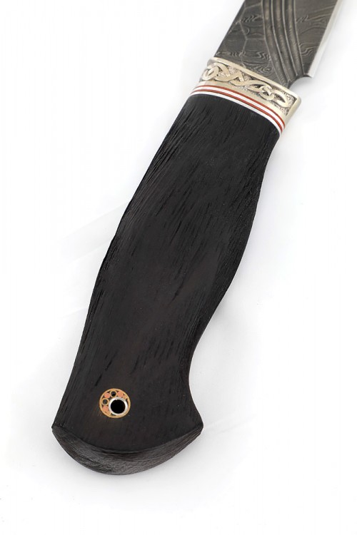 Нож Клык сталь дамаск, фигурные долы камень, рукоять мельхиор, черный граб 