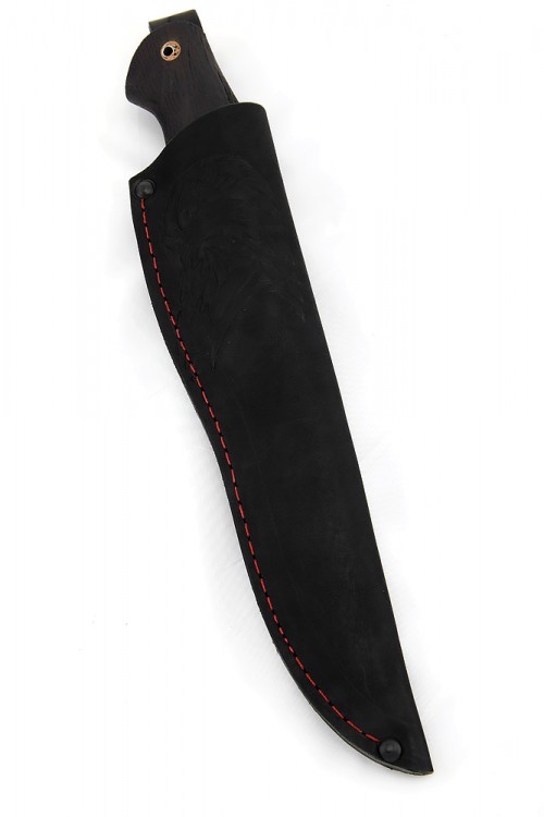 Нож Клык сталь дамаск, фигурные долы камень, рукоять мельхиор, черный граб 