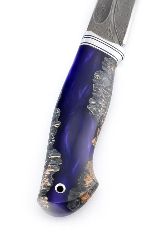 Нож Путник сталь дамаск-долы рукоять комбинированная акрил синий, кап клена черный 