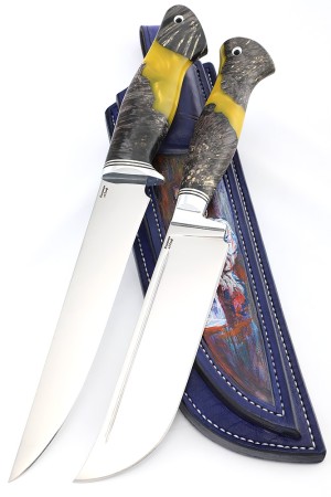 Набор (спарка) из 2-х ножей сталь кованая Х12МФ рукоять гибридная кап клена+ акрил желтый ФОРМОВАННЫЕ НОЖНЫ
