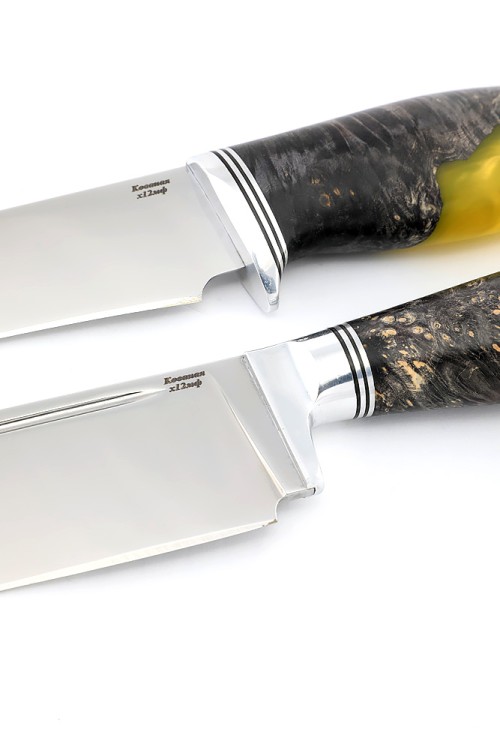 Набор (спарка) из 2-х ножей сталь кованая Х12МФ рукоять гибридная кап клена+ акрил желтый ФОРМОВАННЫЕ НОЖНЫ 