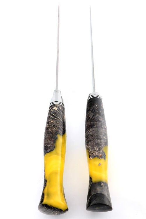 Набор (спарка) из 2-х ножей сталь кованая Х12МФ рукоять гибридная кап клена+ акрил желтый ФОРМОВАННЫЕ НОЖНЫ 