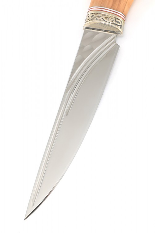 Нож Клык сталь Elmax фигурные долы камень, рукоять мельхиор олива 