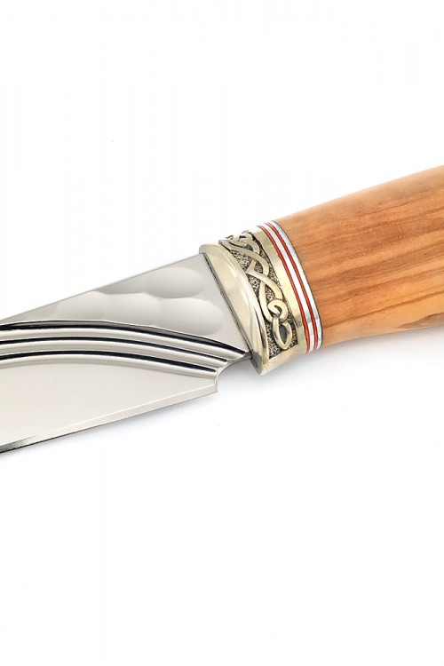 Нож Клык сталь Elmax фигурные долы камень, рукоять мельхиор олива 