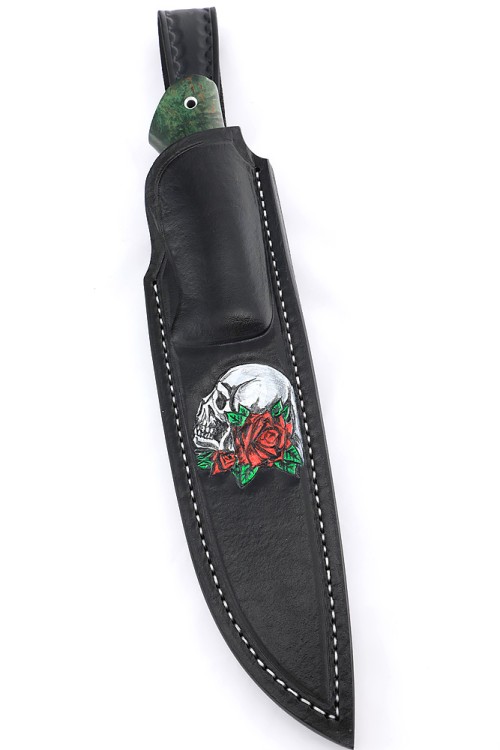 Нож Каюр сталь кованая Х12МФ рукоять мельхиор, карельская береза зеленая ФОРМОВАННЫЕ НОЖНЫ  Нож Каюр сталь кованая Х12МФ рукоять мельхиор, карельская береза зеленая ФОРМОВАННЫЕ НОЖНЫ