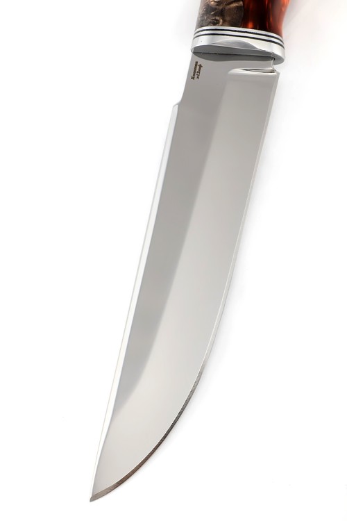 Нож Бурлак сталь кованая Х12МФ, рукоять гибрид: акрил, кап клена коричневый ФОРМОВАННЫЙ НОЖНЫ 