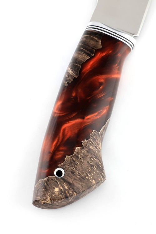 Нож Бурлак сталь кованая Х12МФ, рукоять гибрид: акрил, кап клена коричневый ФОРМОВАННЫЙ НОЖНЫ 