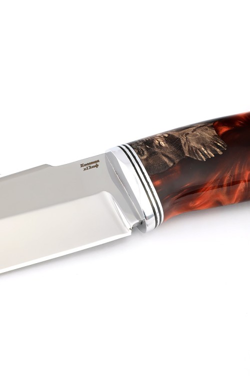 Нож Бурлак сталь кованая Х12МФ, рукоять гибрид: акрил, кап клена коричневый ФОРМОВАННЫЙ НОЖНЫ 