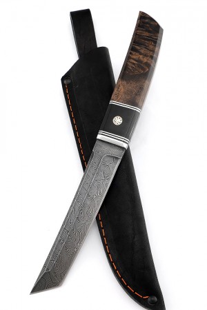 Нож Танто большой дамаск карельская береза коричневая
