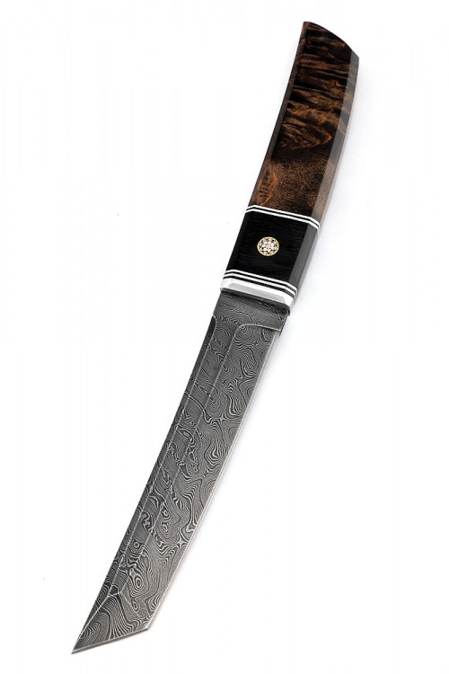 Нож Танто большой дамаск карельская береза коричневая вставка черный граб 