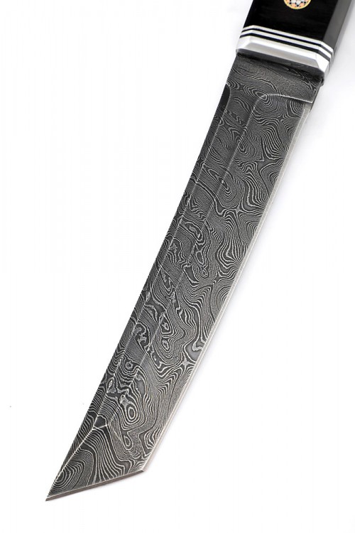 Нож Танто большой дамаск карельская береза коричневая вставка черный граб 