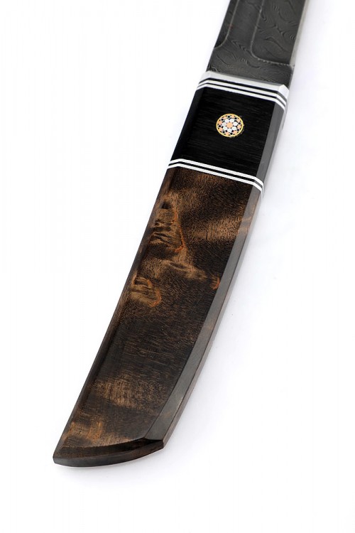 Нож Танто большой дамаск карельская береза коричневая вставка черный граб 