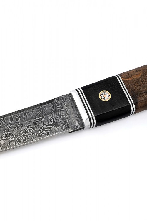 Нож Танто большой дамаск карельская береза коричневая вставка черный граб 