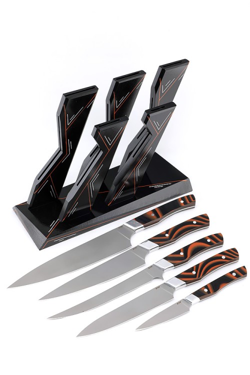 Подставка из черного граба с набором из 5 ножей (K340, G10) 