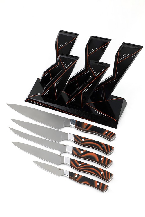 Подставка из черного граба с набором из 5 ножей (K340, G10) 