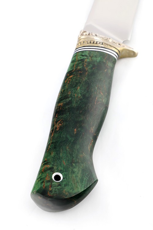 Нож Каюр сталь кованая Х12МФ рукоять мельхиор, карельская береза зеленая  Нож Каюр сталь кованая Х12МФ рукоять мельхиор, карельская береза зеленая