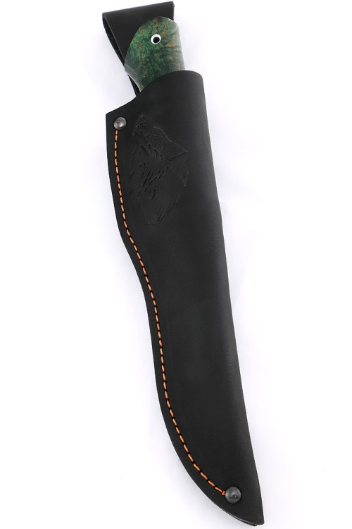 Нож Каюр сталь кованая Х12МФ рукоять мельхиор, карельская береза зеленая  Нож Каюр сталь кованая Х12МФ рукоять мельхиор, карельская береза зеленая