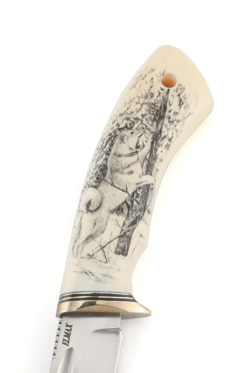 Нож Сурок сталь Elmax рукоять нейзильбер, клык моржа скримшоу, ФОРМОВАННЫЕ НОЖНЫ 