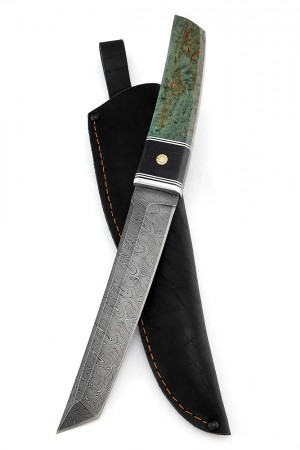 Нож Танто большой дамаск карельская береза зеленая