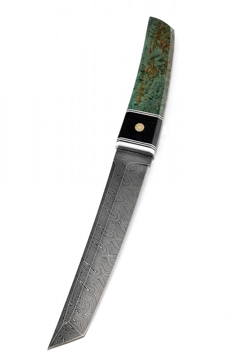 Нож Танто большой дамаск карельская береза зеленая вставка черный граб 
