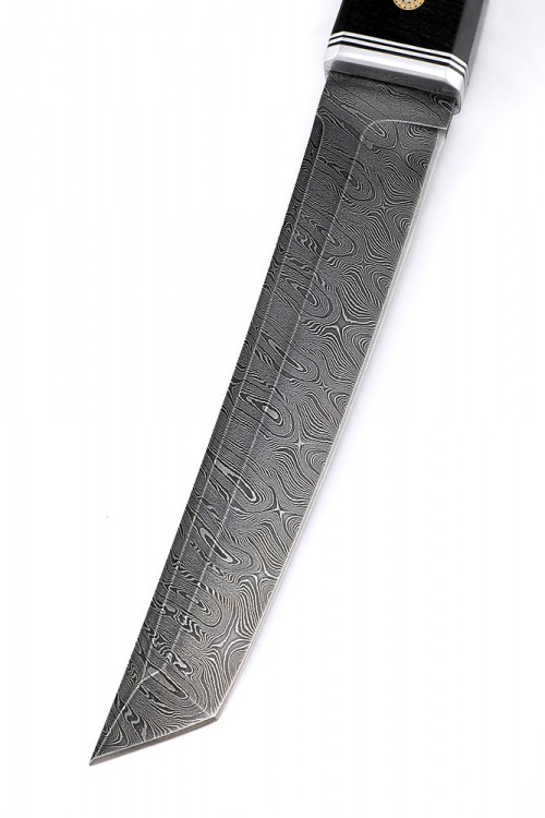 Нож Танто большой дамаск карельская береза зеленая вставка черный граб 