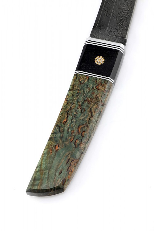 Нож Танто большой дамаск карельская береза зеленая вставка черный граб 