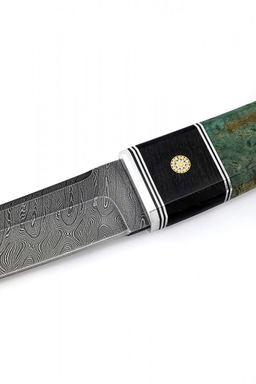 Нож Танто большой дамаск карельская береза зеленая вставка черный граб 
