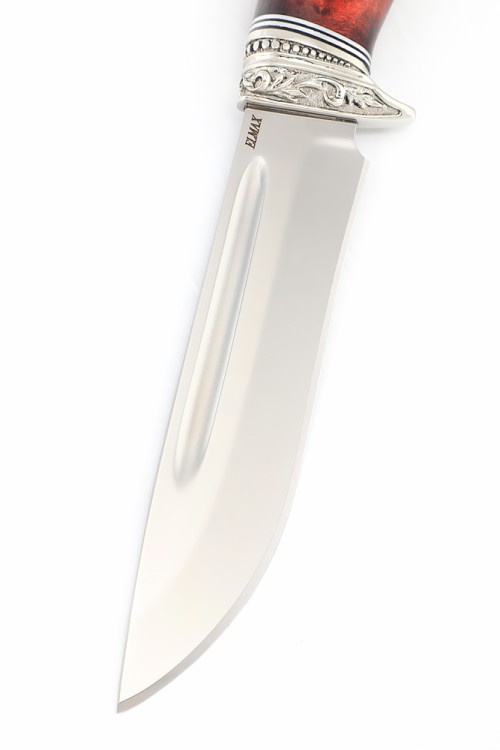 Нож Лось сталь Elmax рукоять мельхиор, кап клена красный 