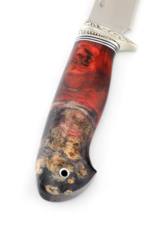 Нож Лось сталь Elmax рукоять мельхиор, кап клена красный 