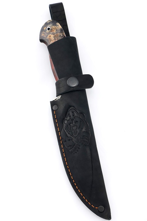 Нож Лось сталь Elmax рукоять мельхиор, кап клена красный 