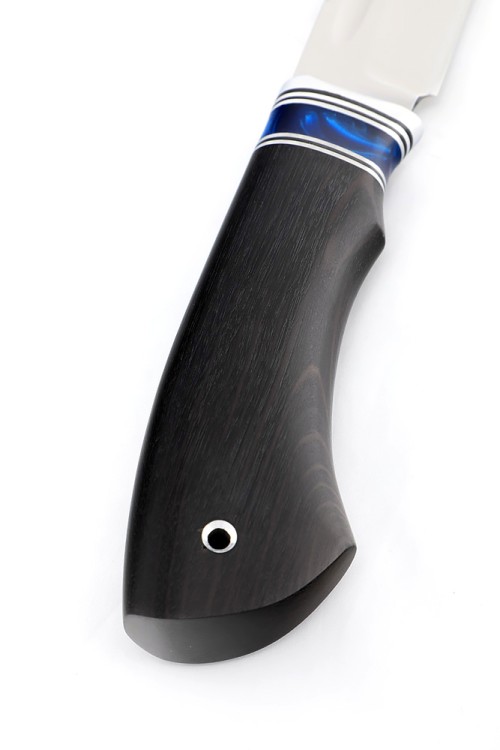 Нож Ящер из кованой стали х12мф рукоять вставка акрил синий, черный граб 