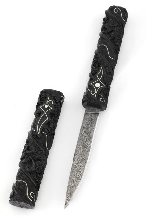 Нож "Сигара" сталь дамаск черный граб резной с инкрустацией, деревянные ножны