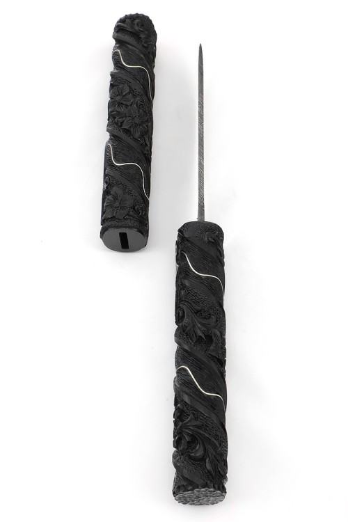 Нож Дамский сталь дамаск черный граб резной с инкрустацией, деревянные ножны 