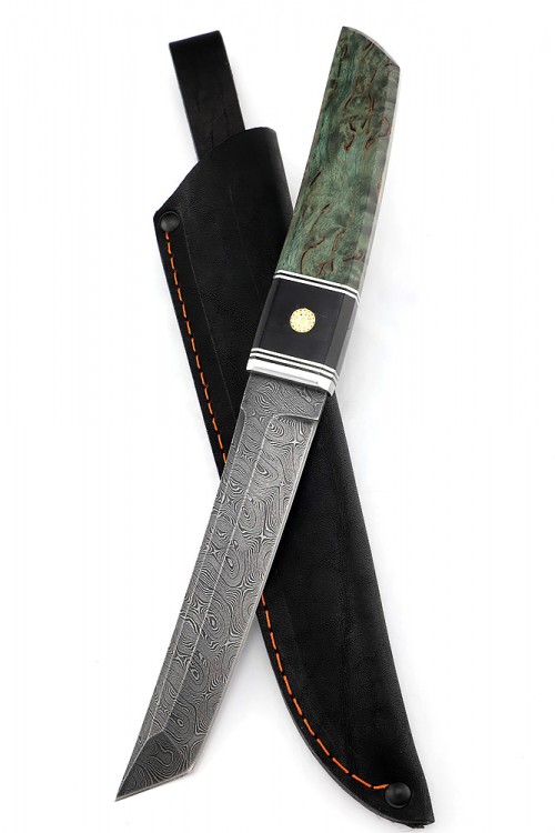 Нож Танто малый дамаск карельская береза зеленая 