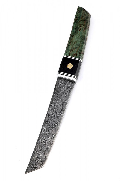 Нож Танто малый дамаск карельская береза зеленая 