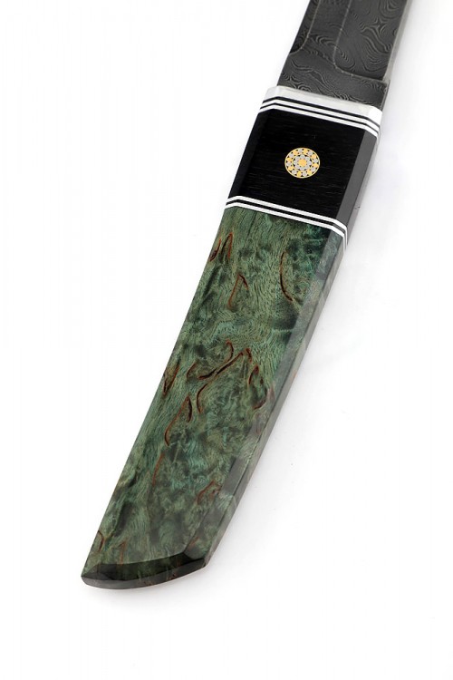 Нож Танто малый дамаск карельская береза зеленая 